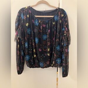 Free People Wildflower Honey Black Floral Mesh Puff Sleeves Top Blouse Sz M